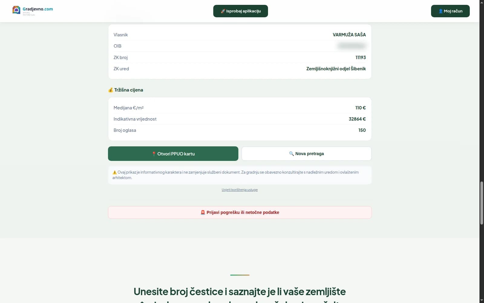 Procjena vrijednosti zemljišta — snimak sučelja gradjevno.com
